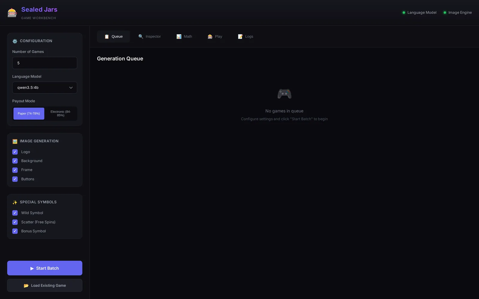 The Sealed Jars configuration panel and generation queue